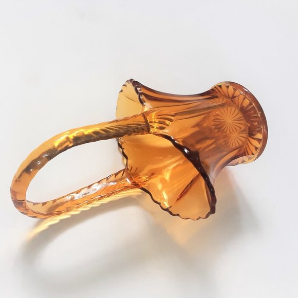 VTG Amber Depresion Glass Bridal Basket Vase Paneled Scalloped Edge 30s Art Deco - Picture 4 of 10